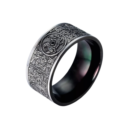 Men’s Feng Shui Four Guardian Beasts Ring Dragon Tiger Suzaku & Turtle Lucky Amulet Vintage Black Protection Band # R234