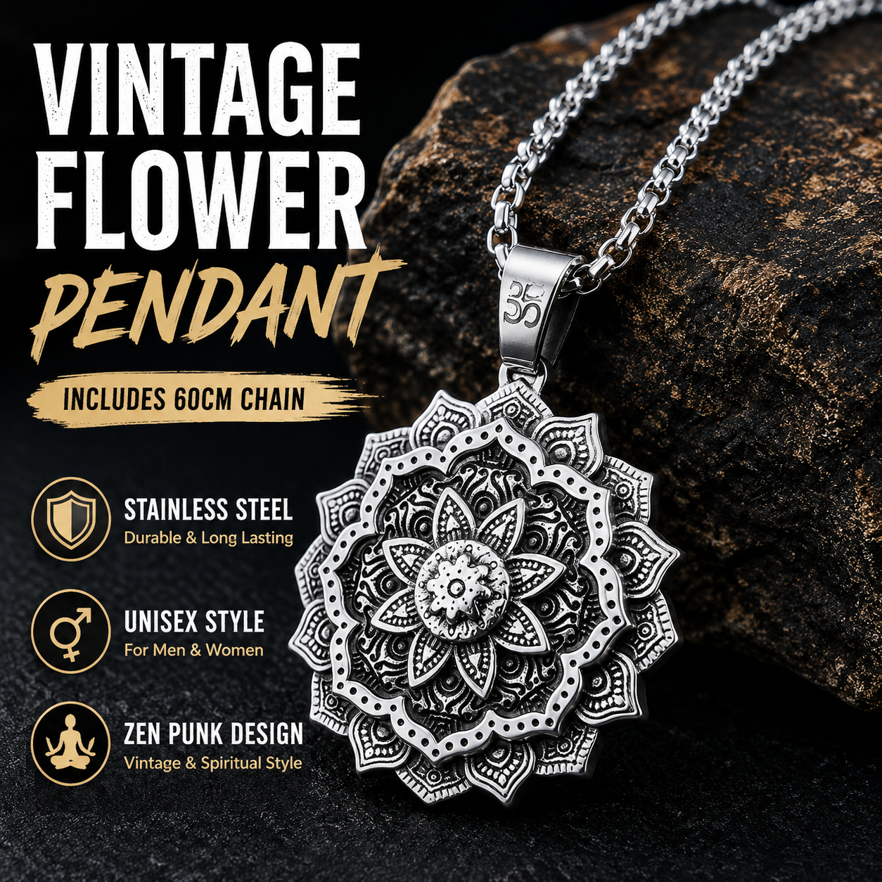 Unisex Vintage Flower Pendant Necklace Stainless Steel Zen Yoga Punk Necklace with 60cm Chain Gift for Men Women PN0016