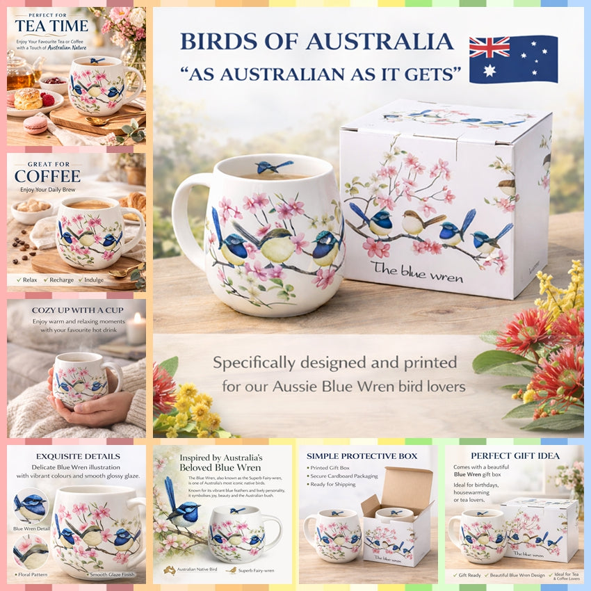 Blue Wren Bird Floral Mug 400ml Fine Porcelain Coffee Tea Cup Birthday Gift Box