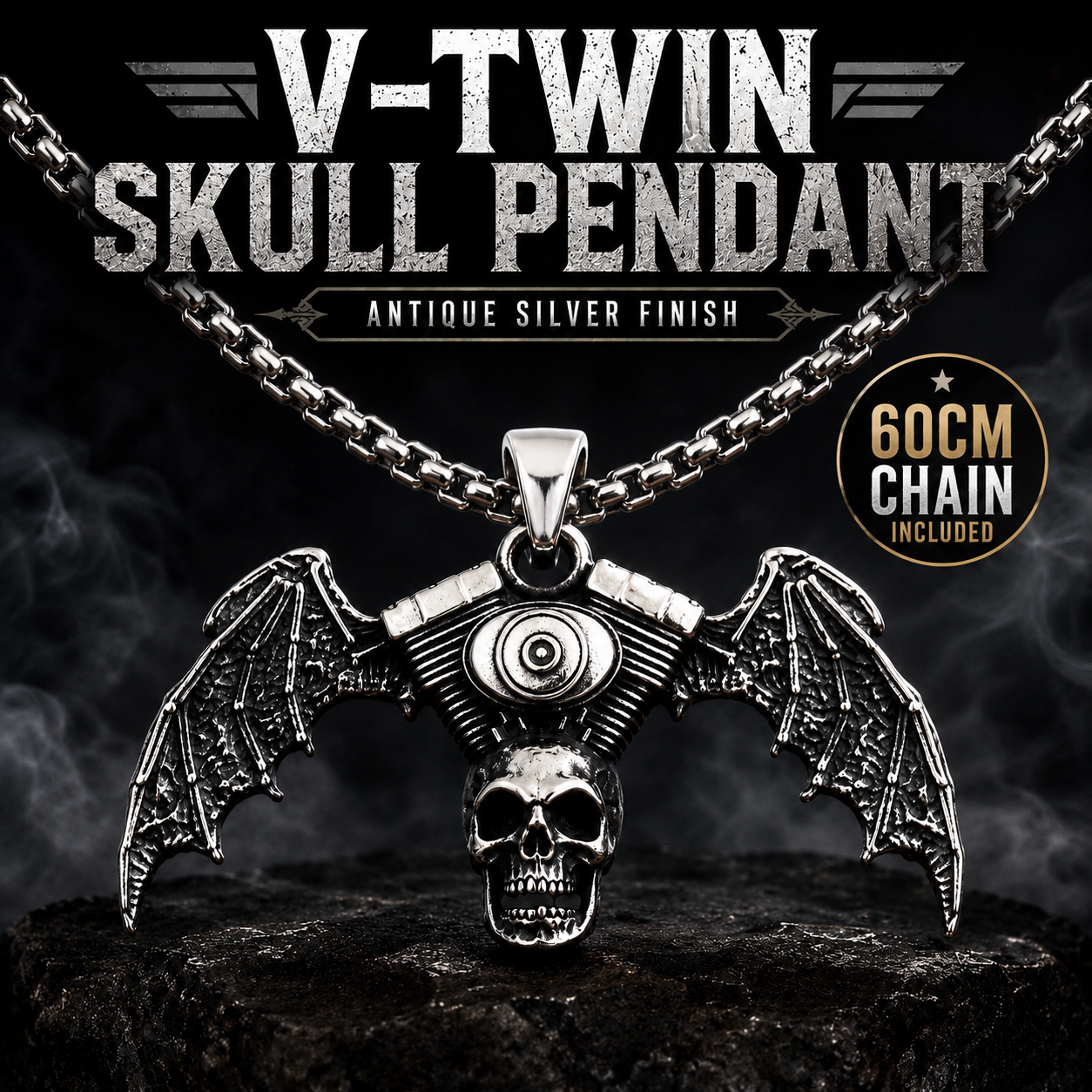 Vintage Biker Skull Bat Wing Pendant Necklace Gothic Motorcycle Engine Chain PN0025
