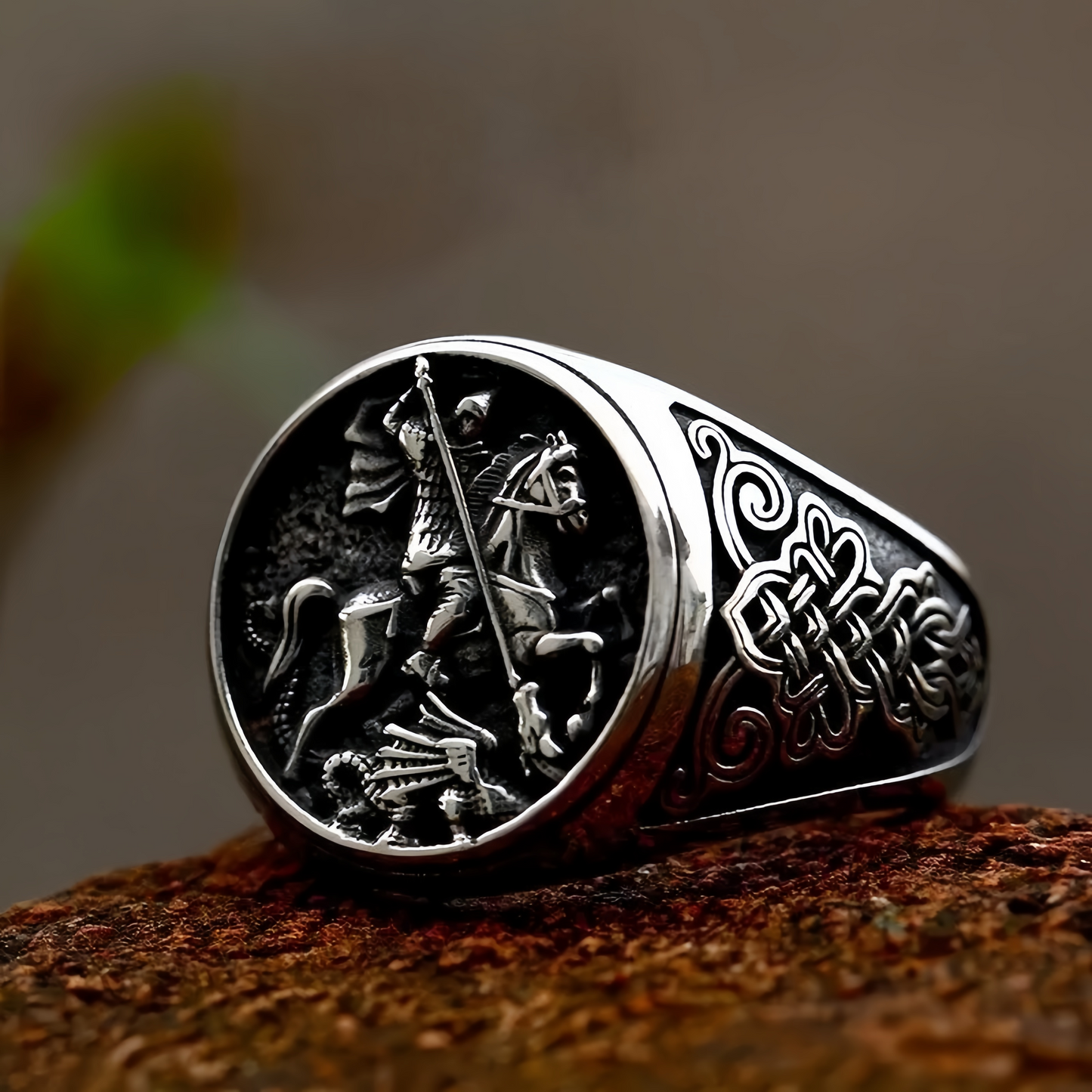 Men Stainless Steel Saint George Dragon Slayer Ring Knight Celtic Signet Jewelry # R280