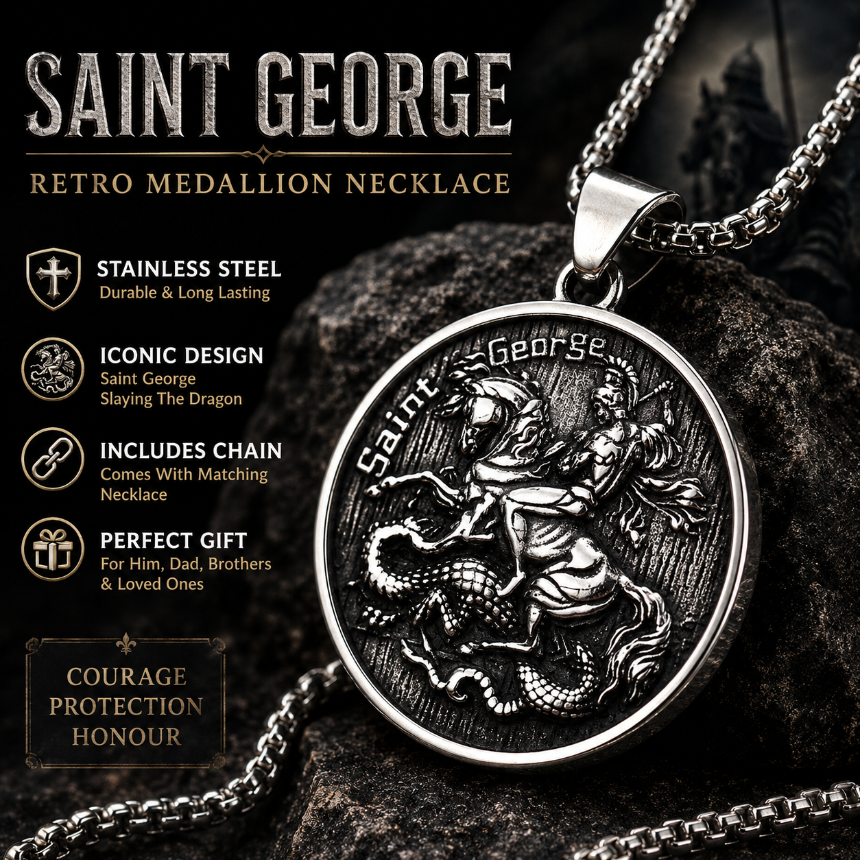 Men Saint George Dragon Pendant Necklace Stainless Steel Round Medallion Chain Gothic Retro Christian Amulet Jewellery Gift PN0006