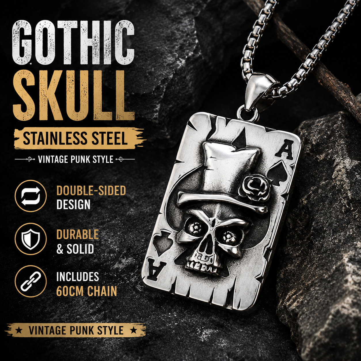 Men Gothic Skull Poker Ace Card Pendant Necklace Stainless Steel Vintage Punk Punk Street Style Biker Chain PN0008