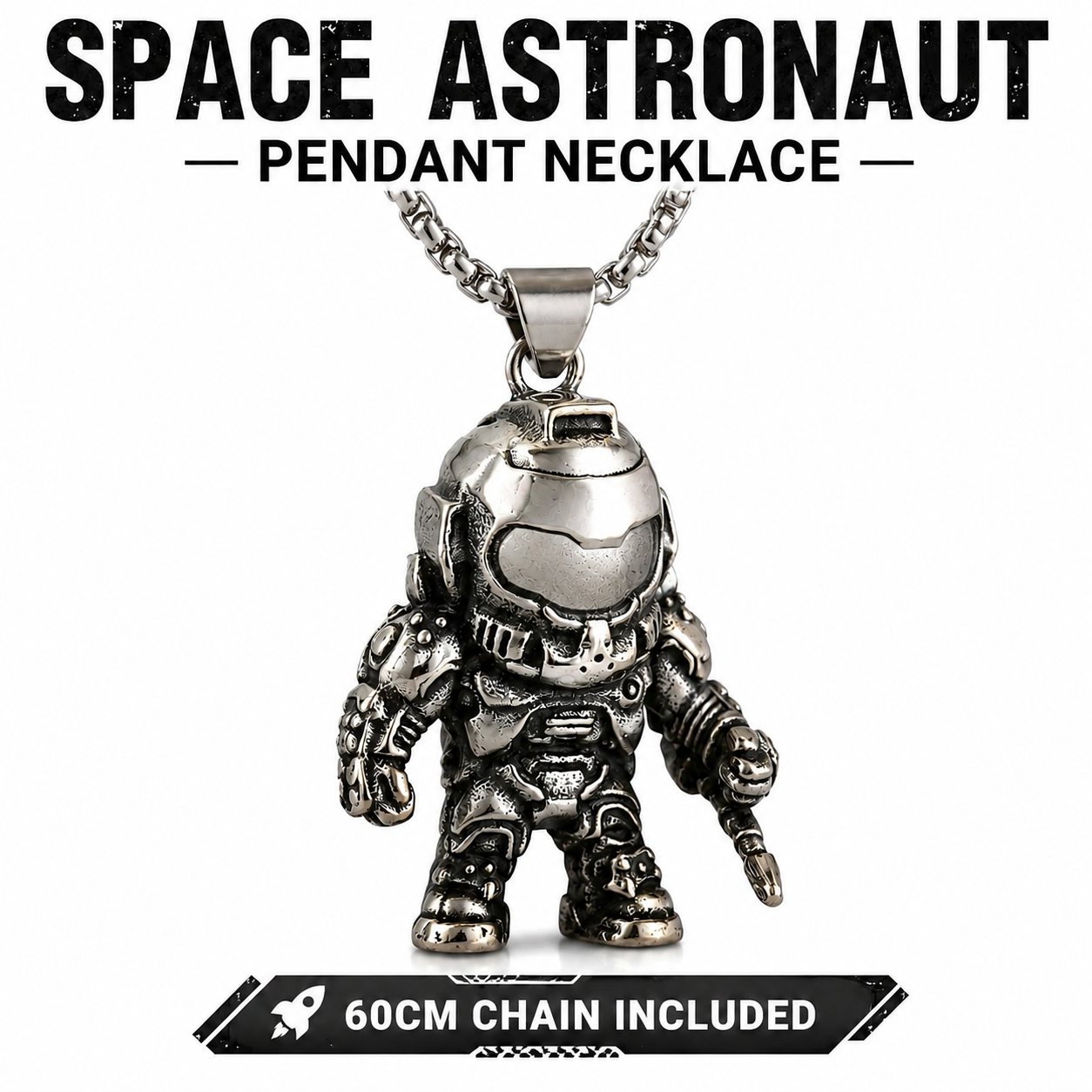 Space Astronaut Necklace Pendant Dark Silver Stainless Steel 60cm Chain Gift PN0028