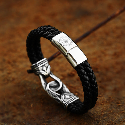 Vintage Titanium Steel Fashion Carved Viking Double Leather Rope Bracelet