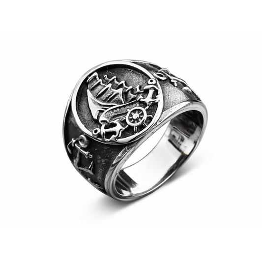 Men Nautical Anchor & Sailboat Engraved Ring Stainless Steel Punk Statement Band # R327