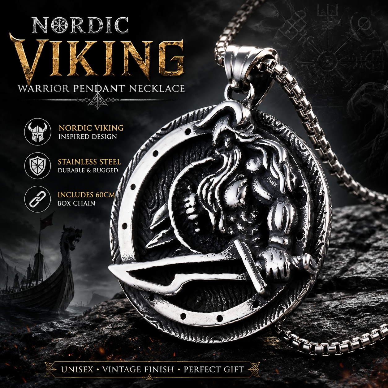 Men Viking Warrior Pendant Necklace Norse Mythology Stainless Steel Round Amulet with Chain PN0014