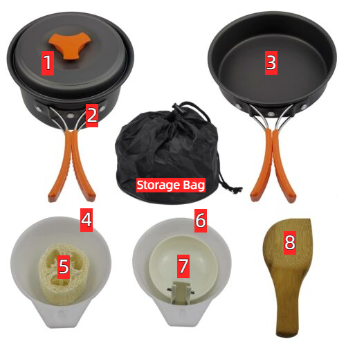 Outdoor 1-2 People 8 In 1 Alumina Pot Set Camping Pot Portable Picnic Cookware