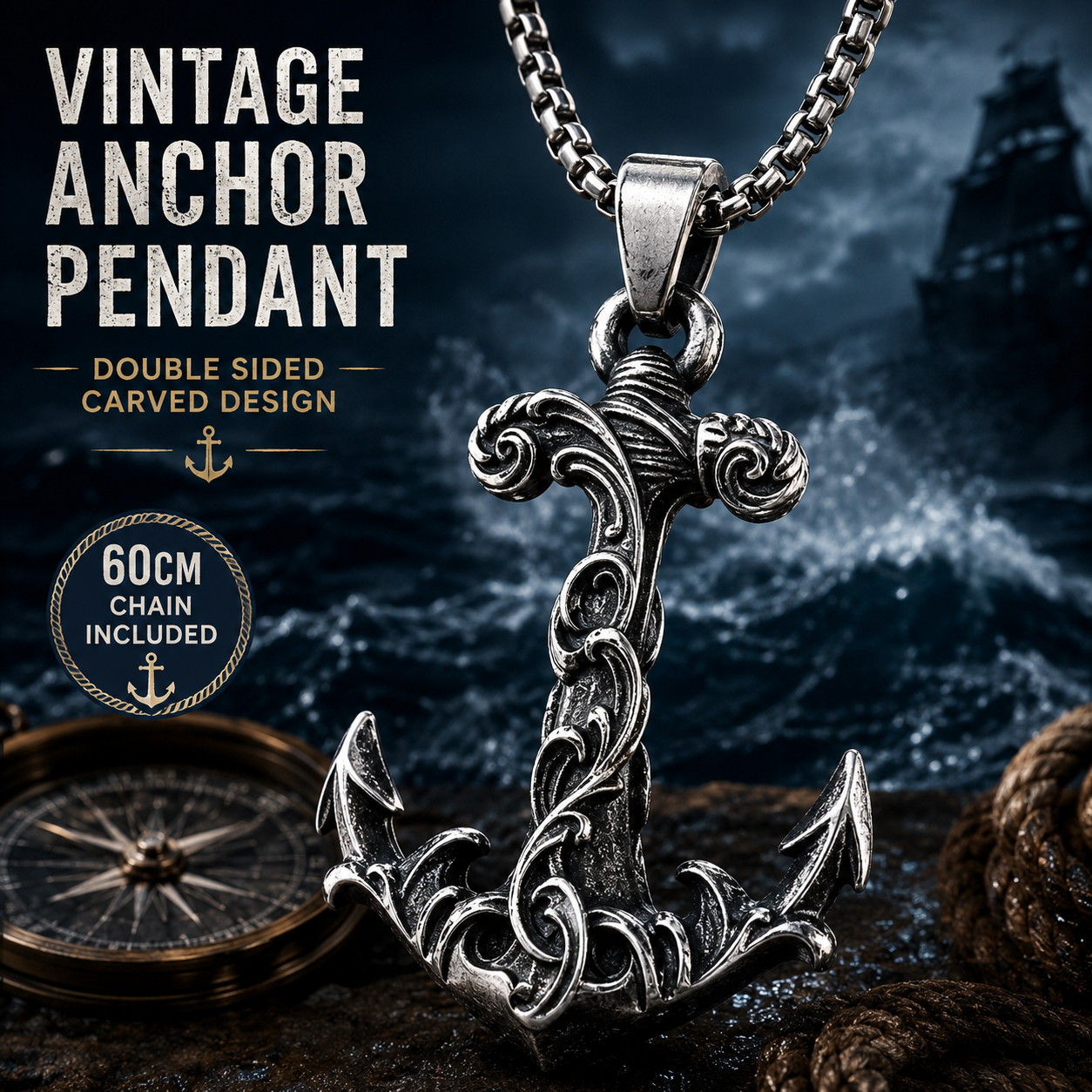 Vintage Carved Anchor Pendant Necklace Stainless Steel Nautical Gothic Marine Chain Gift For Men PN0003