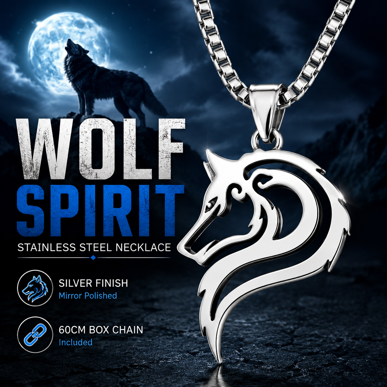 Wolf Head Pendant Stainless Steel Silver Tribal Animal Totem Wolf Necklace Chain PN0012