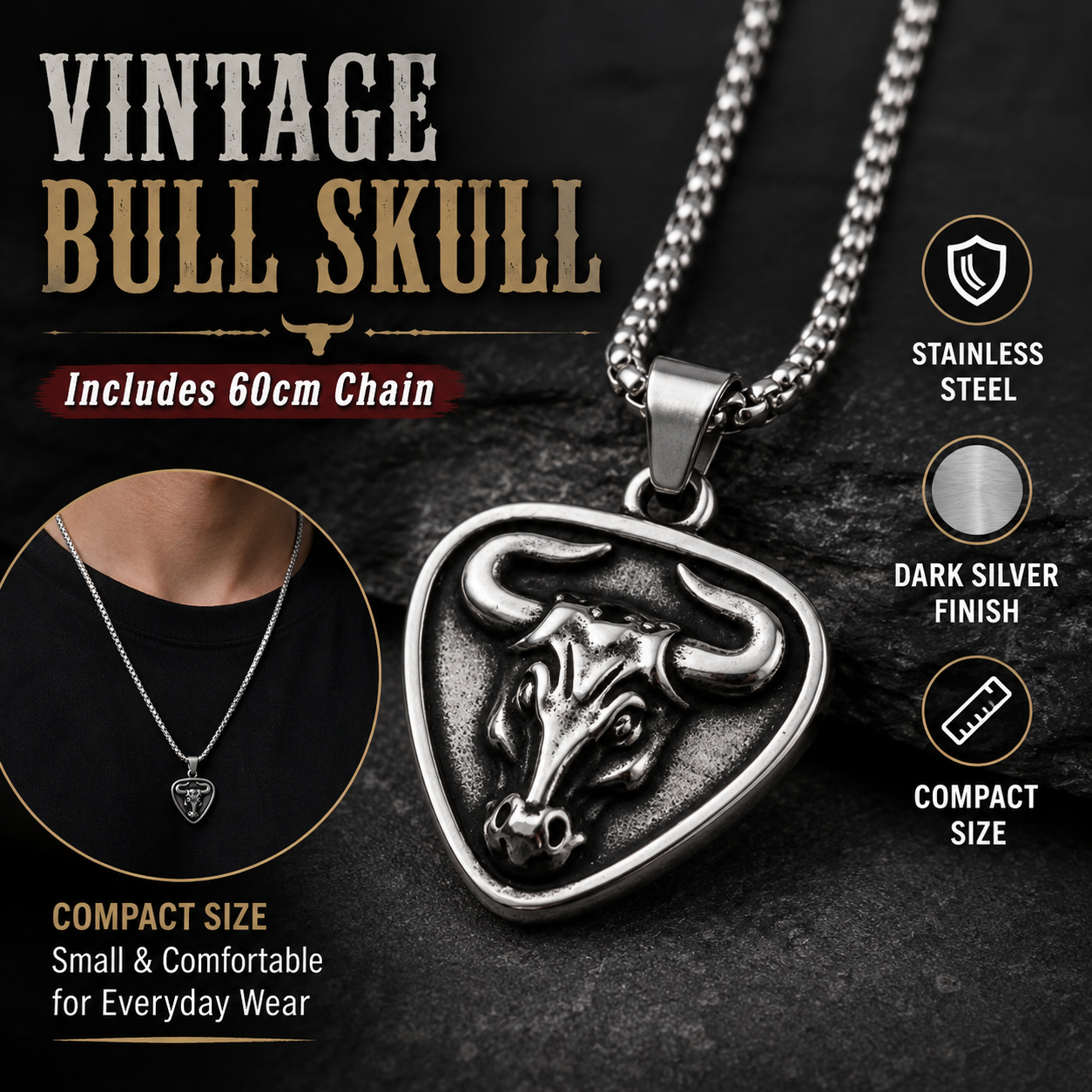 Vintage Bull Skull Pendant Necklace for Men Stainless Steel Ox Head Amulet Dark Silver Tone Chain Gift PN0005
