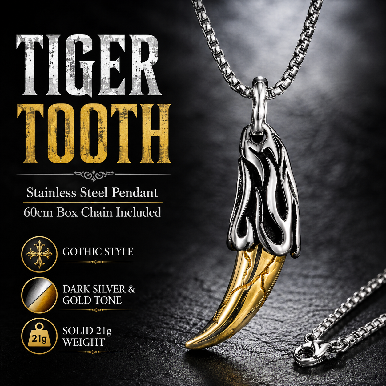 Men Gothic Tiger Tooth Pendant Necklace Dark Silver Flame details Box Chain Gift PN0026