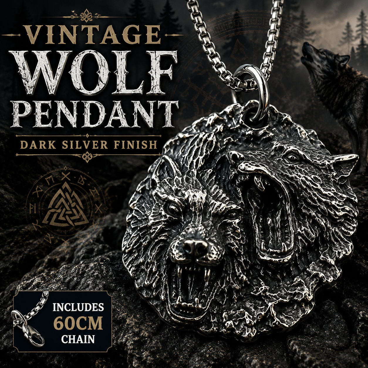 Vintage Wolf Pendant Necklace Dark Silver Stainless Steel Viking Animal Medallion Chain Gift for Men Women PN0017