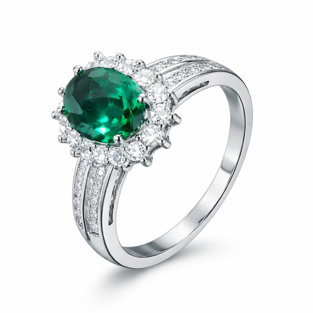 Elegant Green Simulated Gem Stones Halo Ring Alloy Band Cocktail Dress Ring Gift # R132
