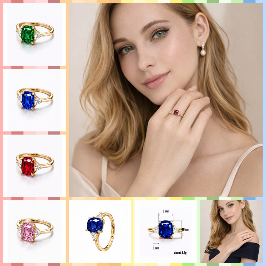 Women Gold Tone Cushion Cut Zircon Rings Green Blue Red Pink & FREE LED Gift Box # R228