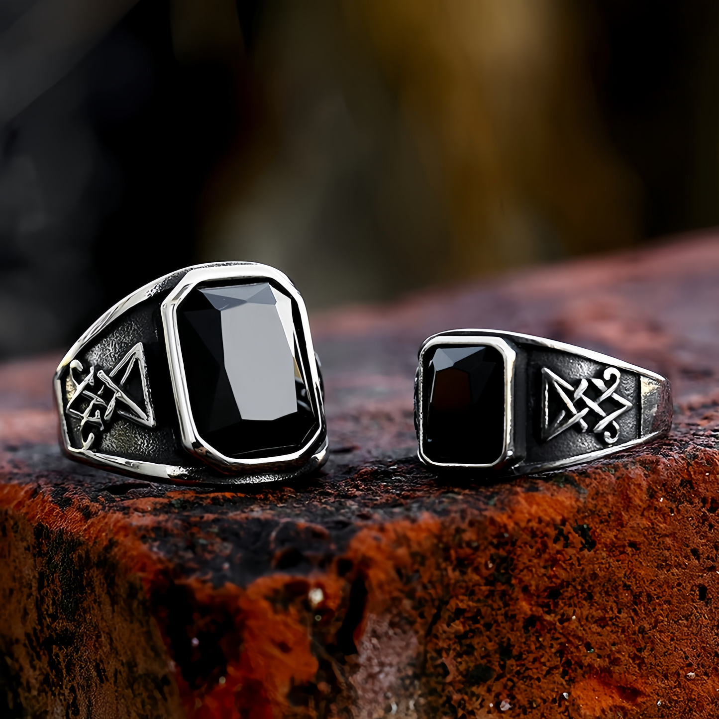 Men Gothic Black Stone Signet Ring Vintage Occult Engraved Rock Biker Punk Band # R366