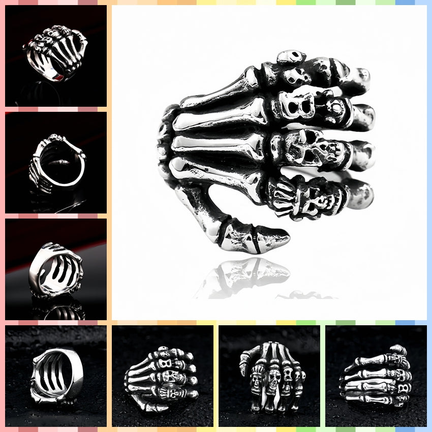 Men's Punk Skeleton Hand Skull Ring Rock Biker Vintage Silver Plated Gothic Band # R160