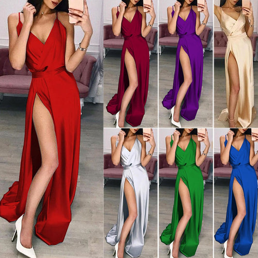 Women Fashion Spaghetti Straps Waist Tight Sling Split Hem V Neck Evening Dress