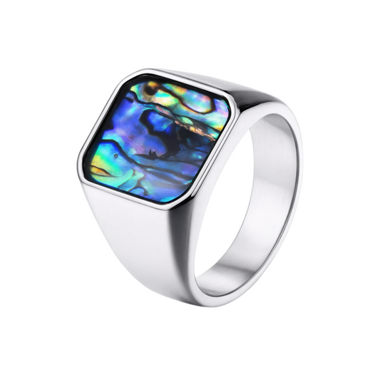 Men Retro Abalone Shell Signet Ring Ocean-Inspired Blue & Green Inlay Vintage Statement Unique Gift # R276