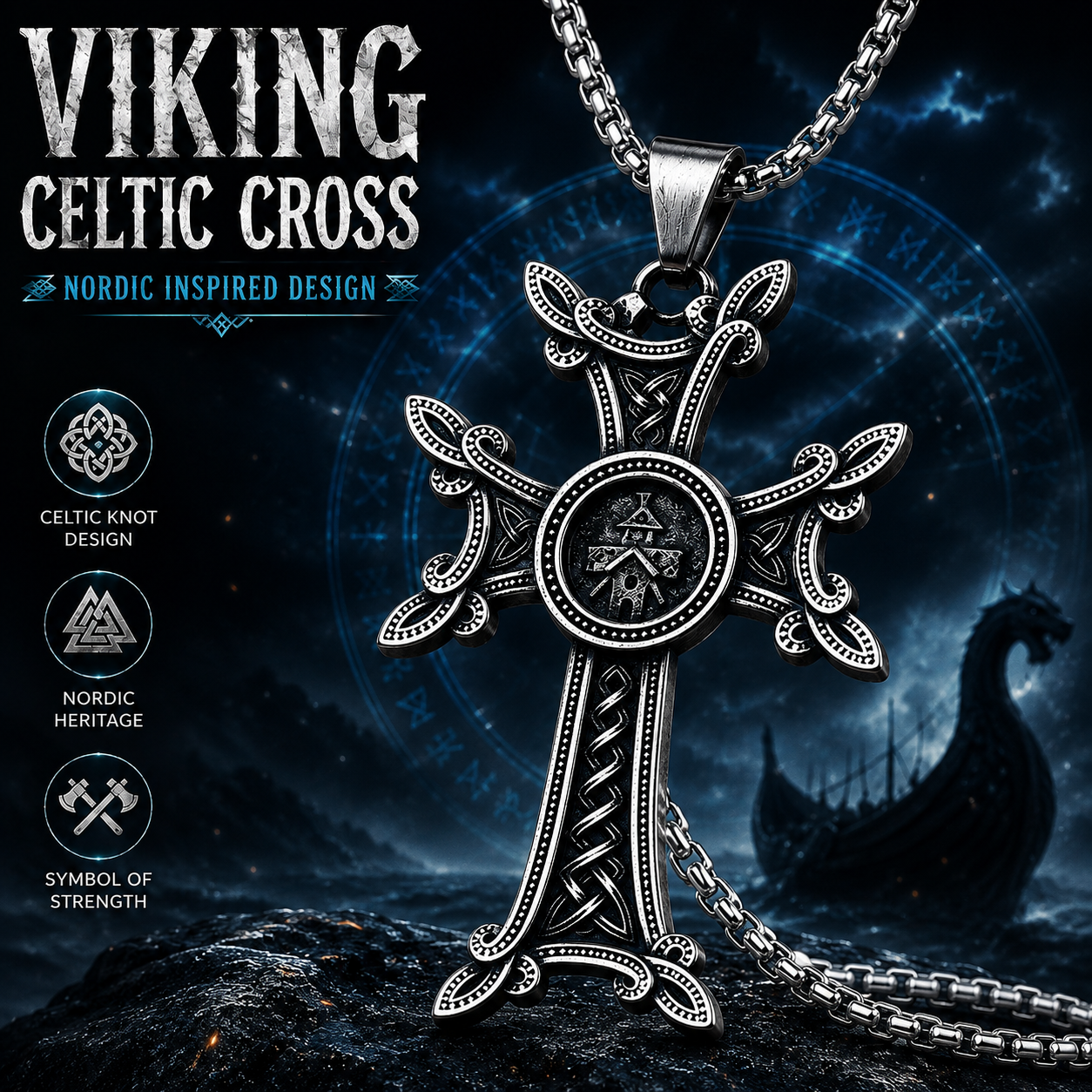 Nordic Viking Cross Pendant Necklace Celtic Knot Stainless Steel Norse Medieval Jewellery 60cm Chain Gift For Men PN0159