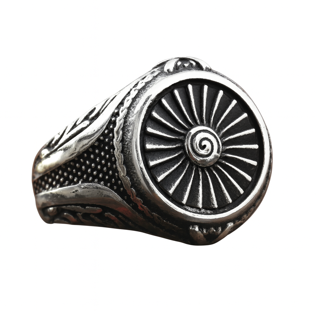 Men Silver Tone Nordic Viking Sun Wheel Signet Ring Norse SpiralAmulet Symbol of Strength & Protection # R328