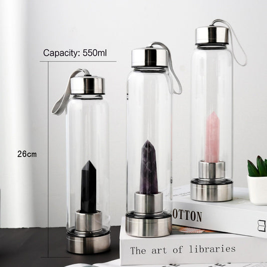 Fashion Colorful Energy Crystal Stone Hexagon Column Glass Water Bottle Gift