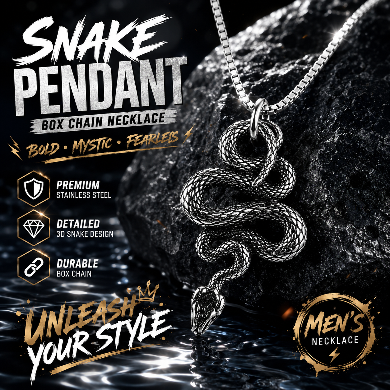 Gothic Snake Pendant Necklace Stainless Steel Serpent Biker Necklace Jewelry Chain Gift #PN0010