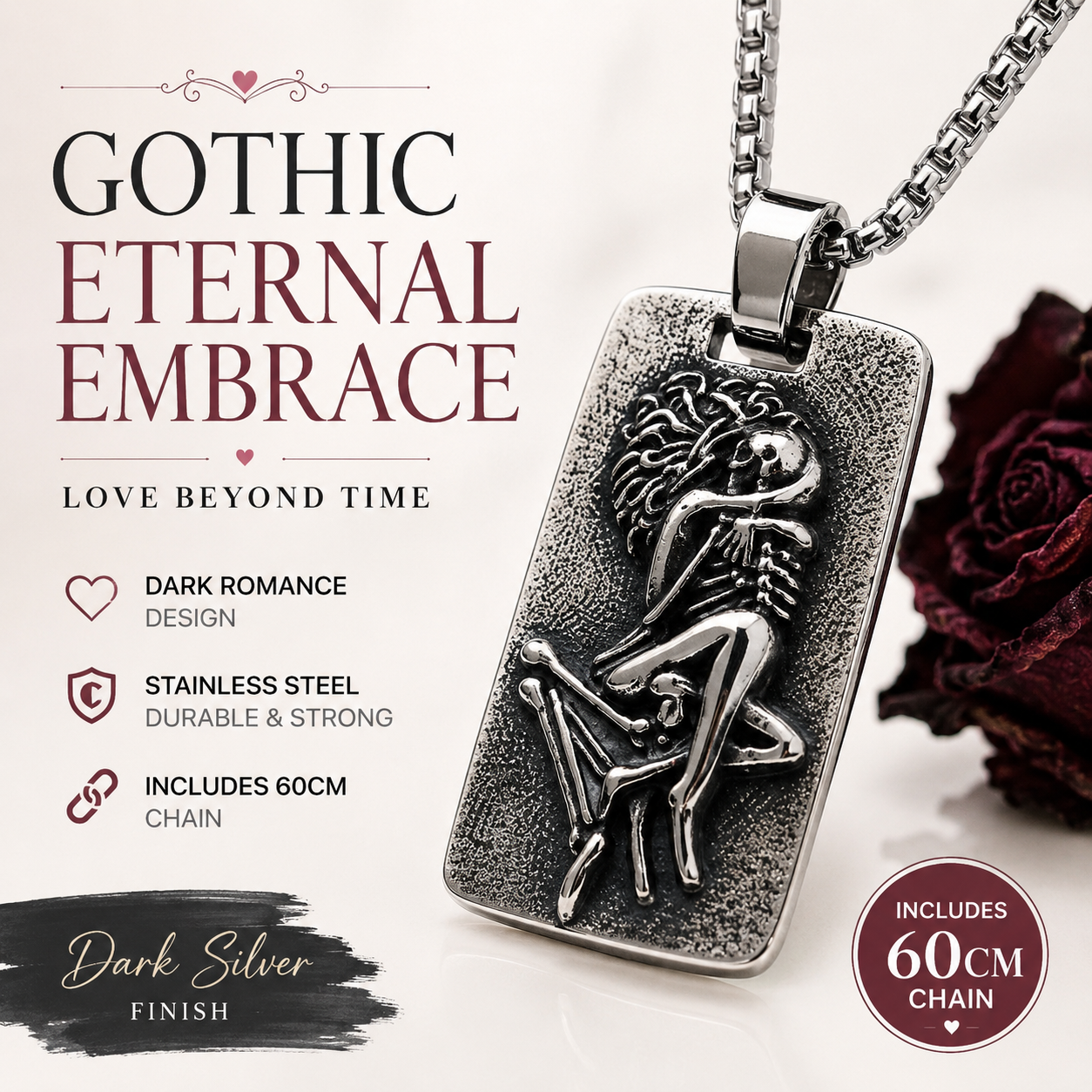 Gothic Skeleton Lovers Pendant Necklace Stainless Steel Dark Silver Gothic Jewellery Chain Gift For Men Women #PN0023