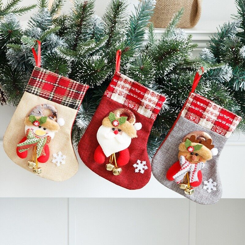 Burlap Christmas Stocking With bells Santa Claus Present Bag Xmas Party Decor