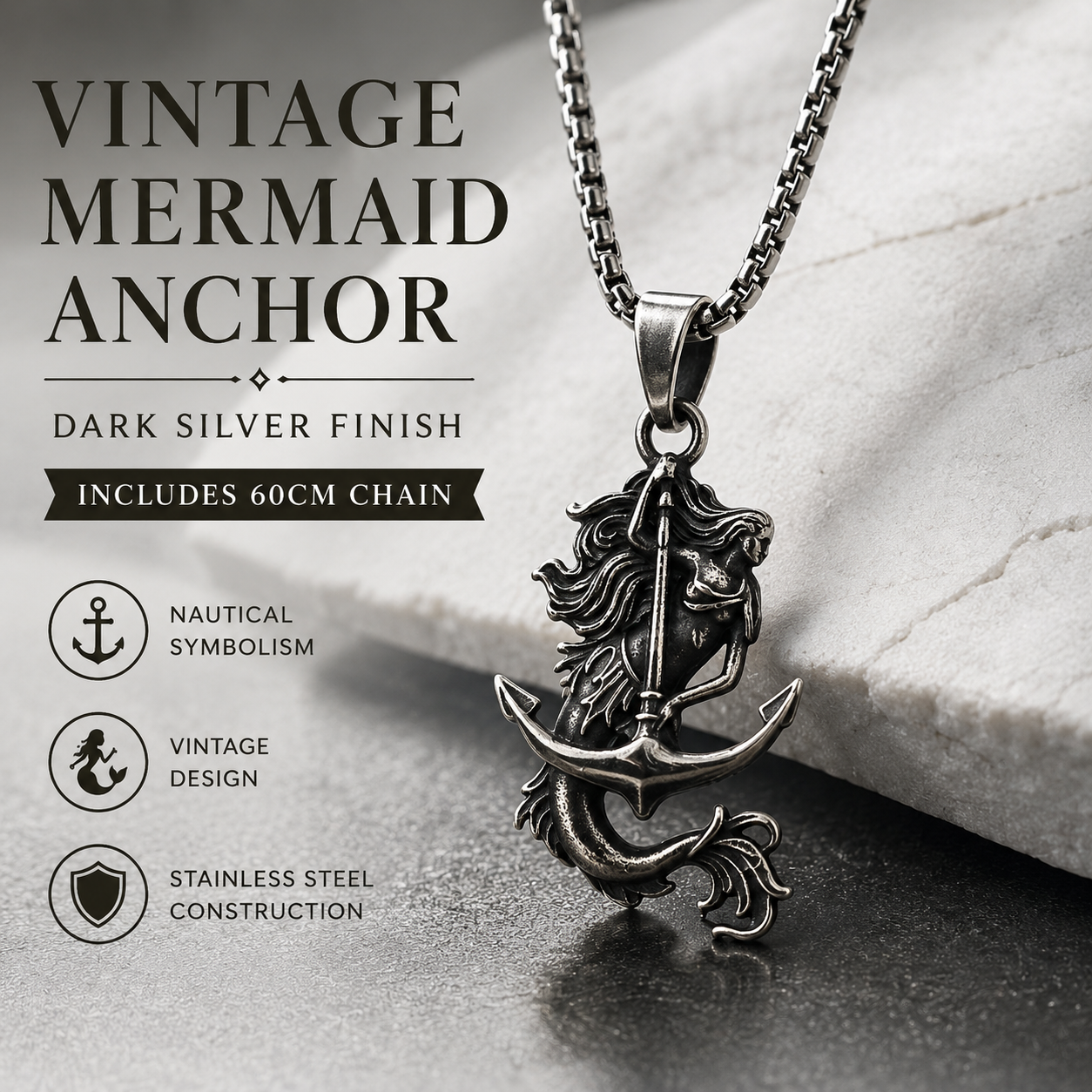 Vintage Mermaid Anchor Pendant Necklace Stainless Steel Dark Silver Nautical Chain PN0021