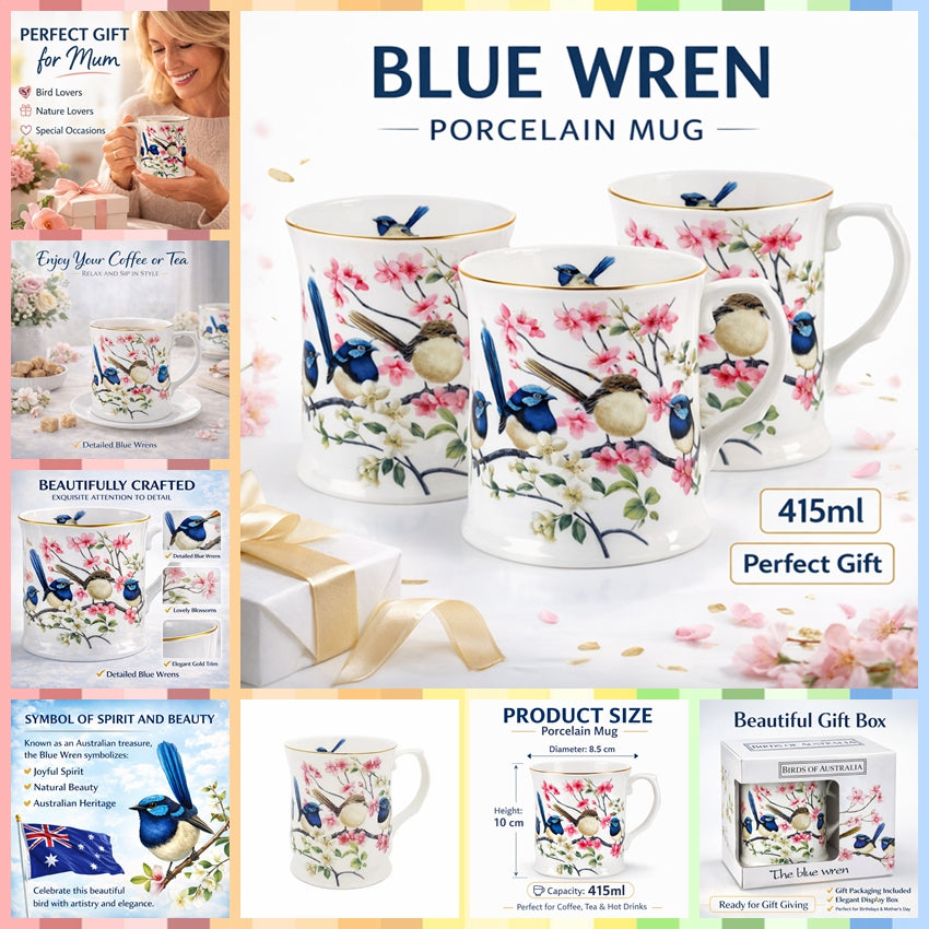 Australian Blue Wren Porcelain Mug Tea Coffee Cup Bird Lover Gift 415ml Birthday