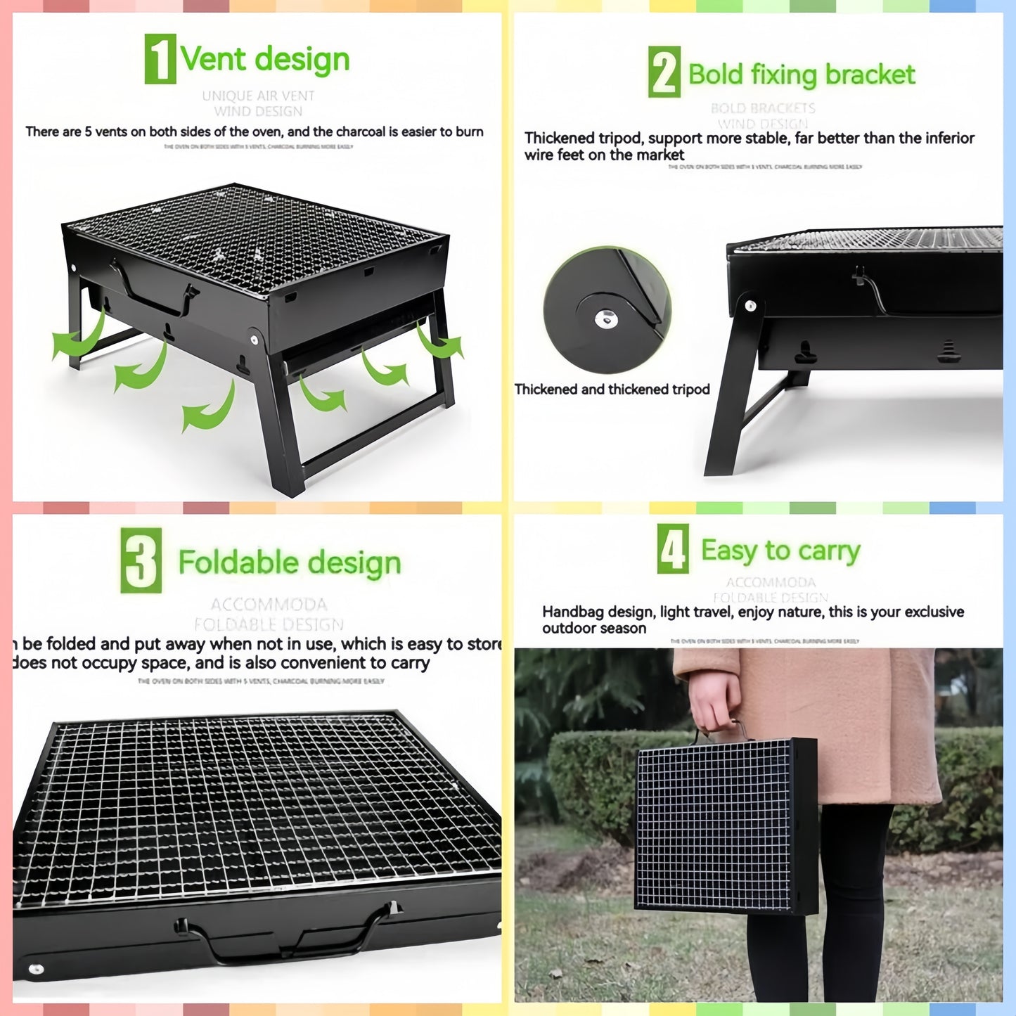 Outdoor Small Black Steel Charcoal Grill Portable Folding Thickened Grill BBQ