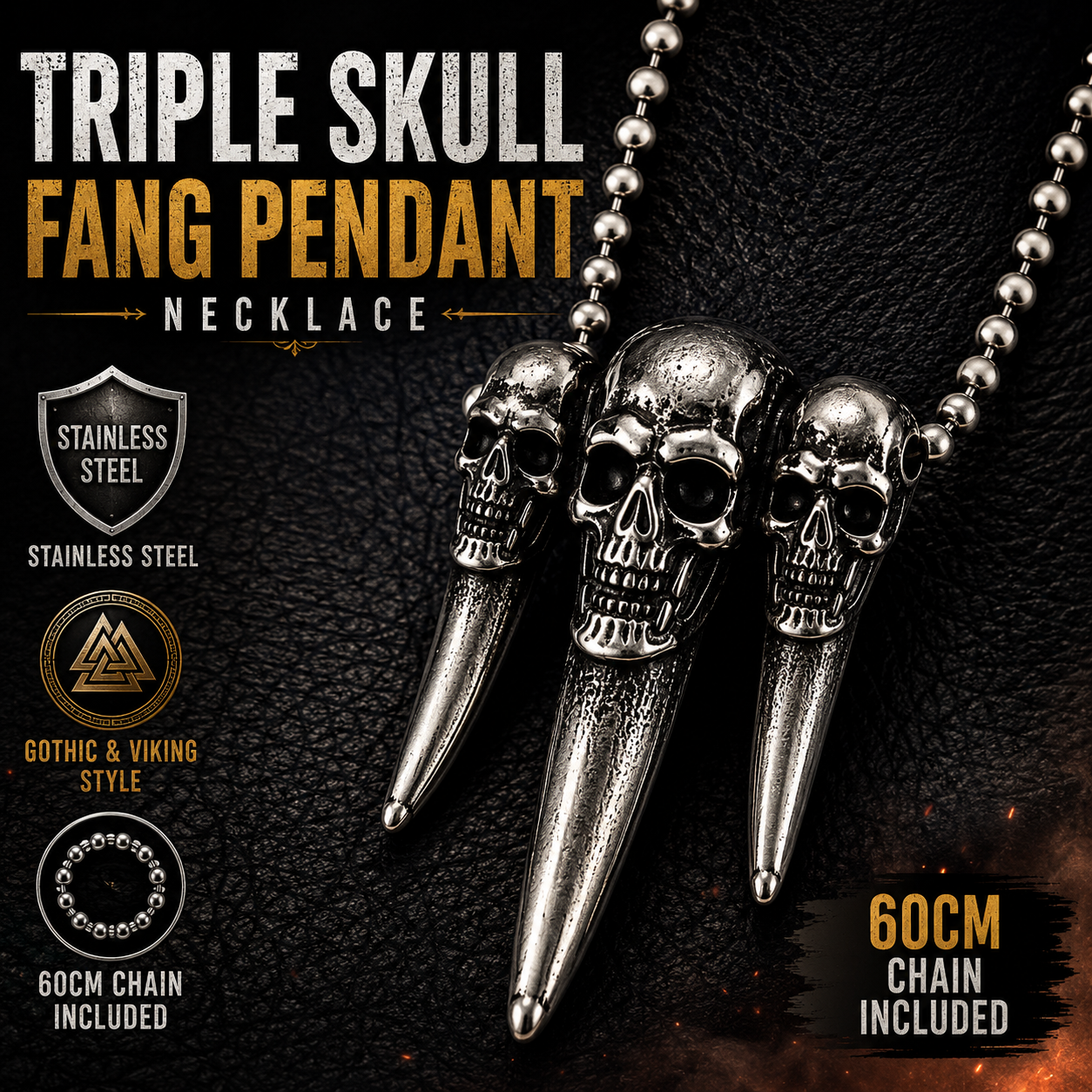 Triple Skull Tooth Pendant Necklace Mens Gothic Viking Biker Punk Stainless Steel Chain #PN0007