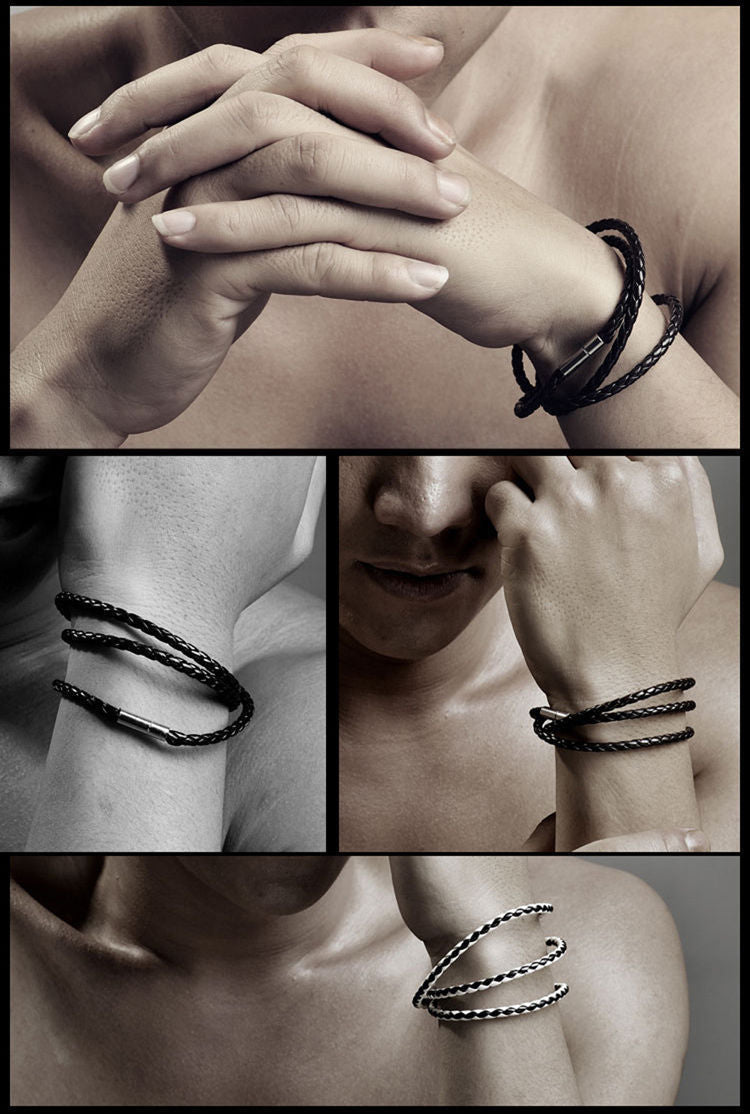 Fashion Men Women Three Laps PU Titanium Steel Bracelet Wristband Bangle Punk 1pc