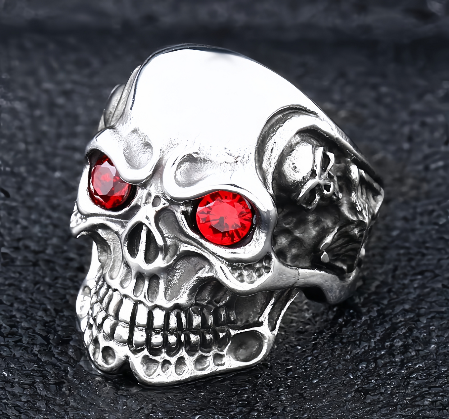 Men’s Gothic Skull Ring Red & Blue CZ Eyes Silver Tone Biker Punk Statement Ring # R25