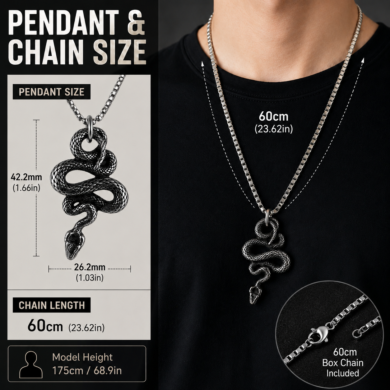 Gothic Snake Pendant Necklace Stainless Steel Serpent Biker Necklace Jewelry Chain Gift #PN0010