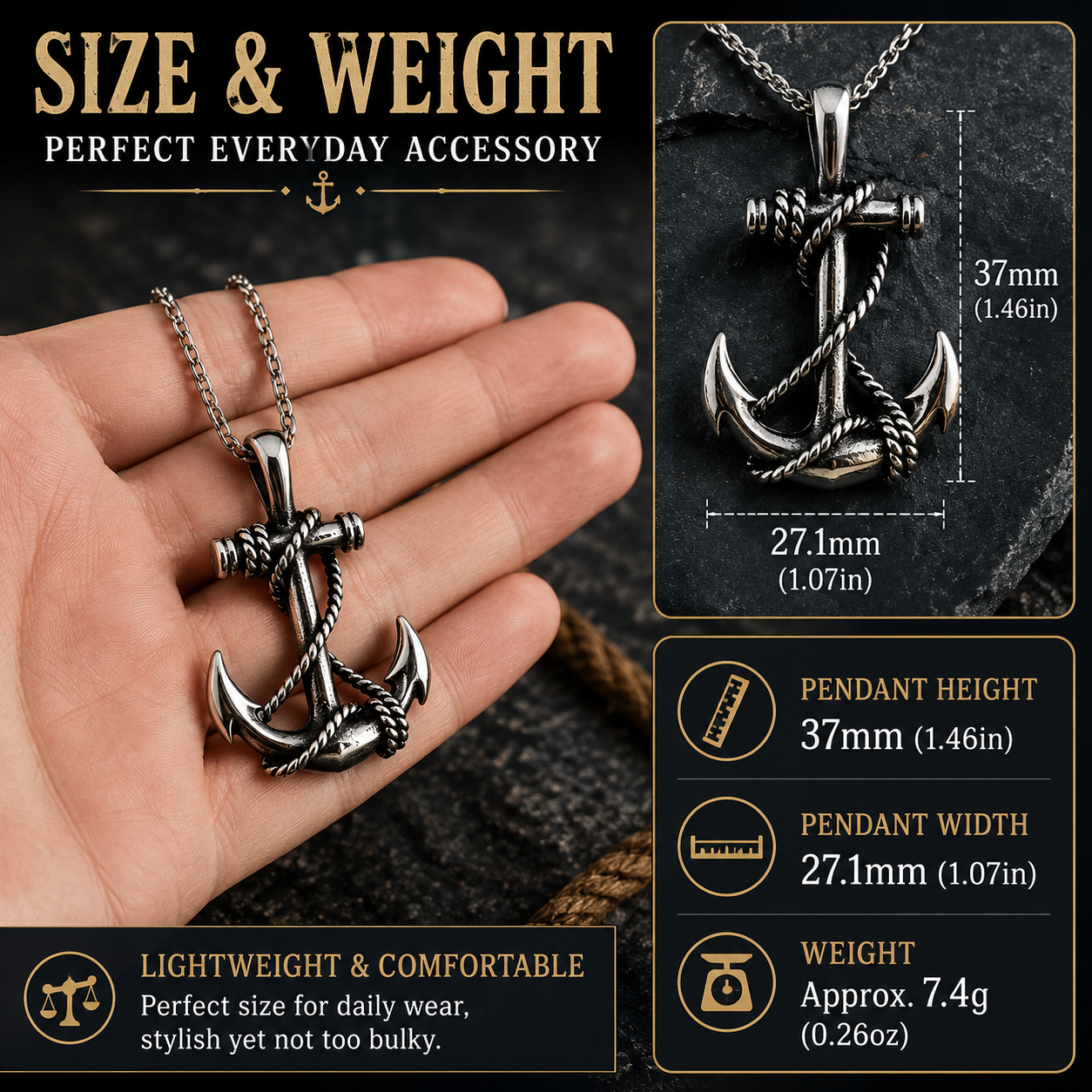 Unisex Anchor Pendant Necklace Stainless Steel Nautical Sailor Rope Charm Vintage Necklace 60cm Chain Gift PN0013