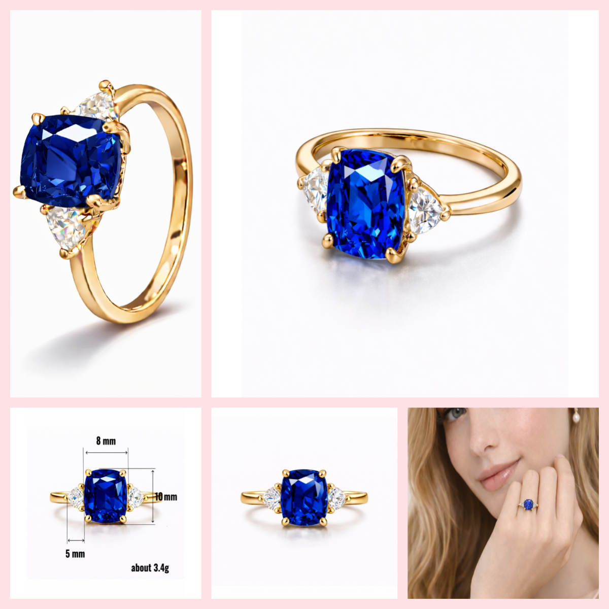 Women Gold Tone Cushion Cut Zircon Rings Green Blue Red Pink & FREE LED Gift Box # R228