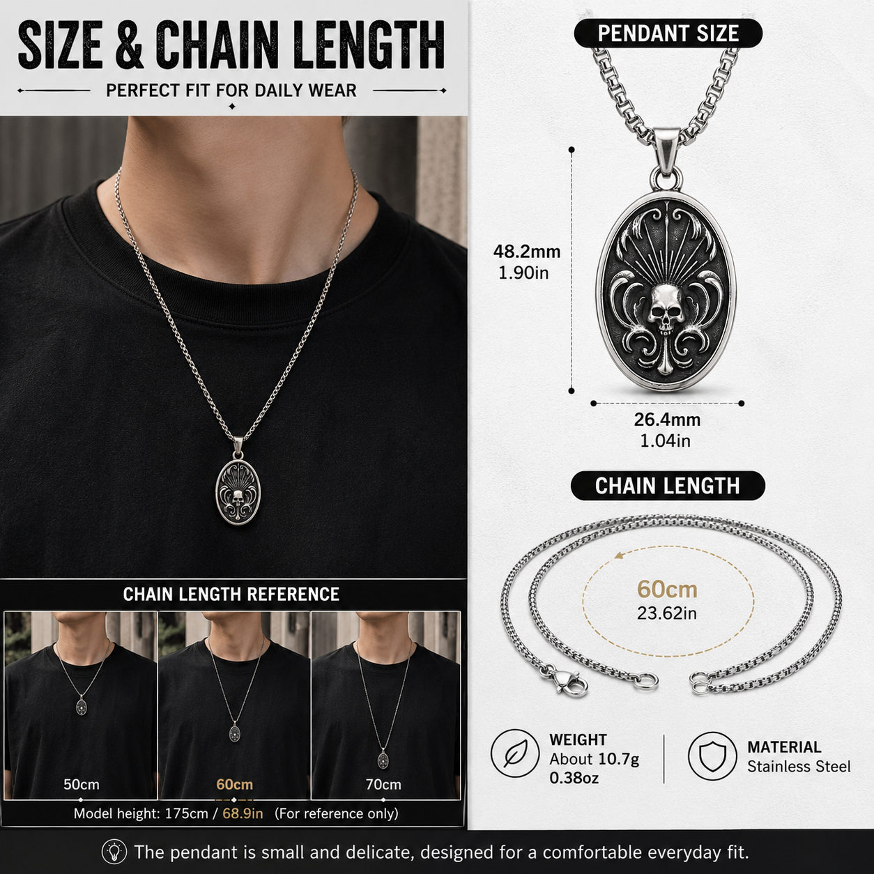 Retro Skull Oval Pendant Necklace Stainless Steel Double-Sided Gothic Necklace with Chain Vintage Punk Jewellery Gift PN0004