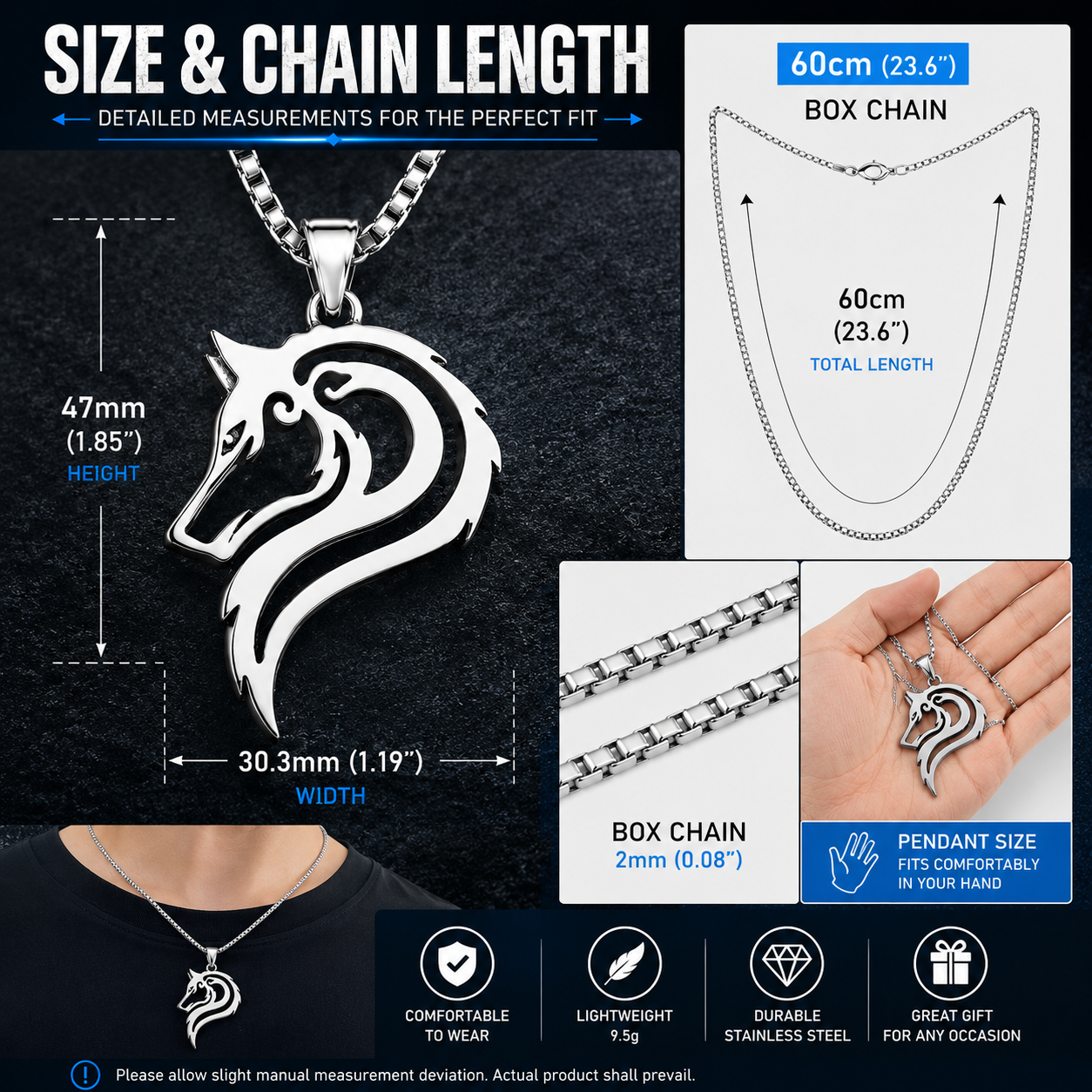 Wolf Head Pendant Stainless Steel Silver Tribal Animal Totem Wolf Necklace Chain PN0012