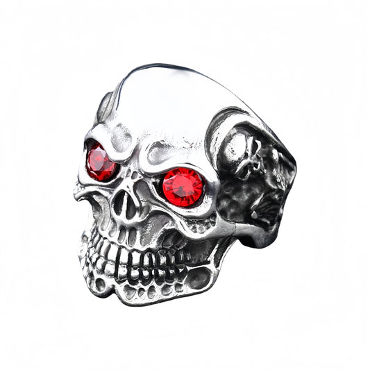 Men’s Gothic Skull Ring Red & Blue CZ Eyes Silver Tone Biker Punk Statement Ring # R25
