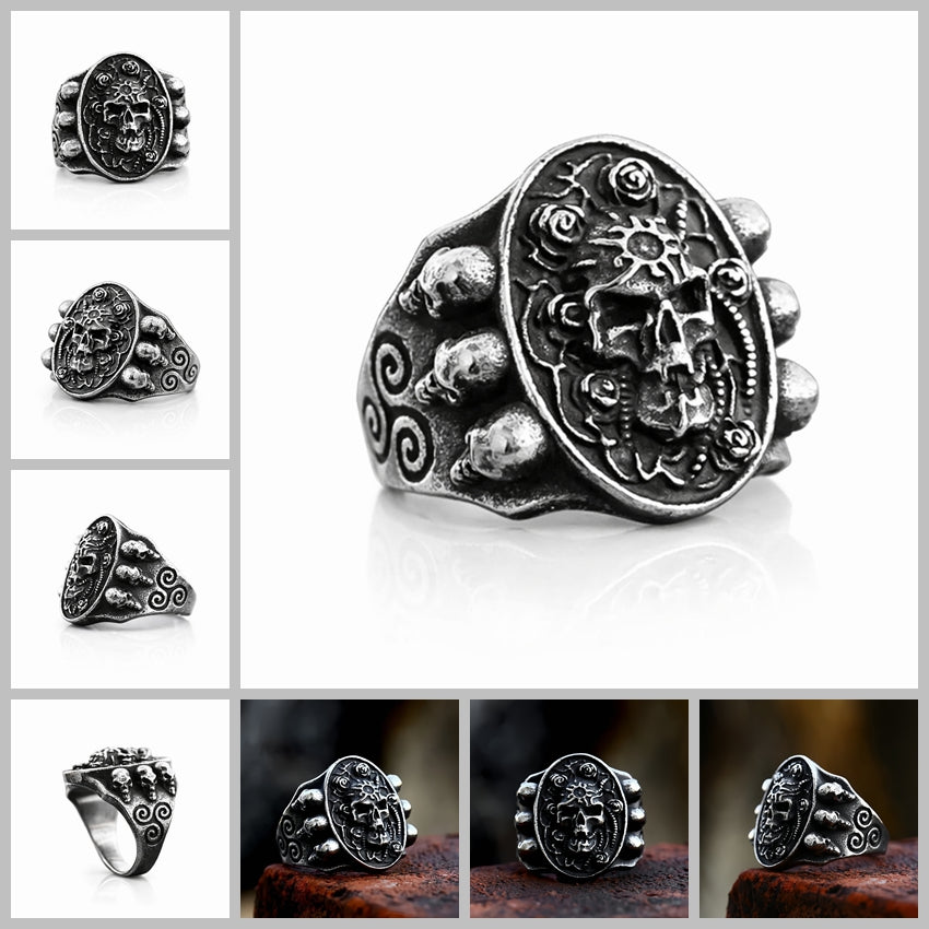Men's Gothic Skull Ring Punk Biker Hip Hop Vintage Engraved Heavy Band Jewellery # R329