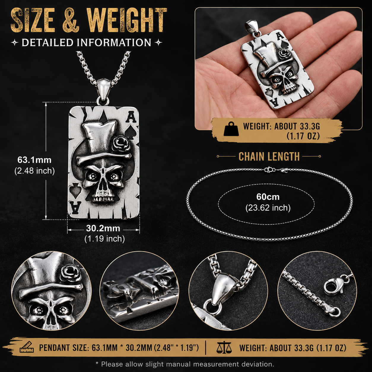 Men Gothic Skull Poker Ace Card Pendant Necklace Stainless Steel Vintage Punk Punk Street Style Biker Chain PN0008