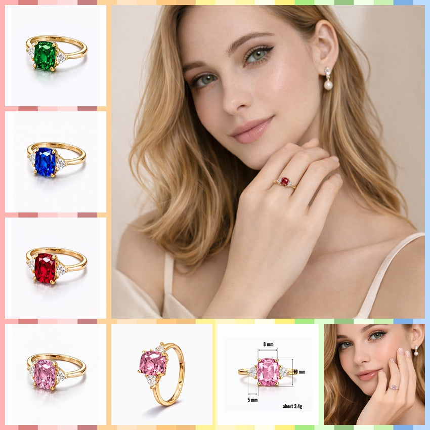 Women Gold Tone Cushion Cut Zircon Rings Green Blue Red Pink & FREE LED Gift Box # R228