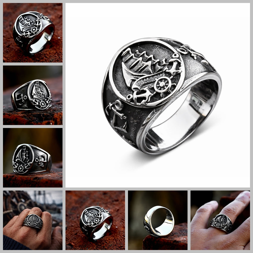 Men Nautical Anchor & Sailboat Engraved Ring Stainless Steel Punk Statement Band # R327