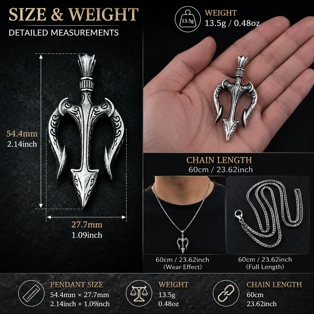 Men Vintage Poseidon Trident Pendant Necklace Gothic Greek Mythology Amulet Stainless Steel Chain PN0002