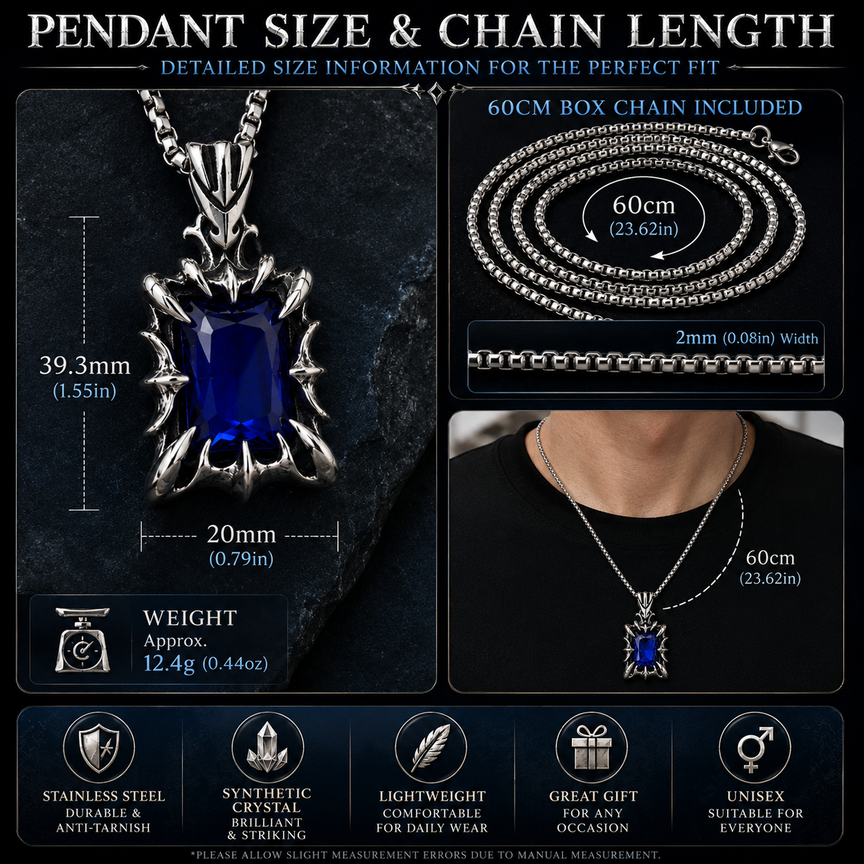 Retro Fantasy Vintage Gothic Crystal Pendant Necklace Dark Silver Stainless Steel Chain Blue Green Red Black Gem PN0029