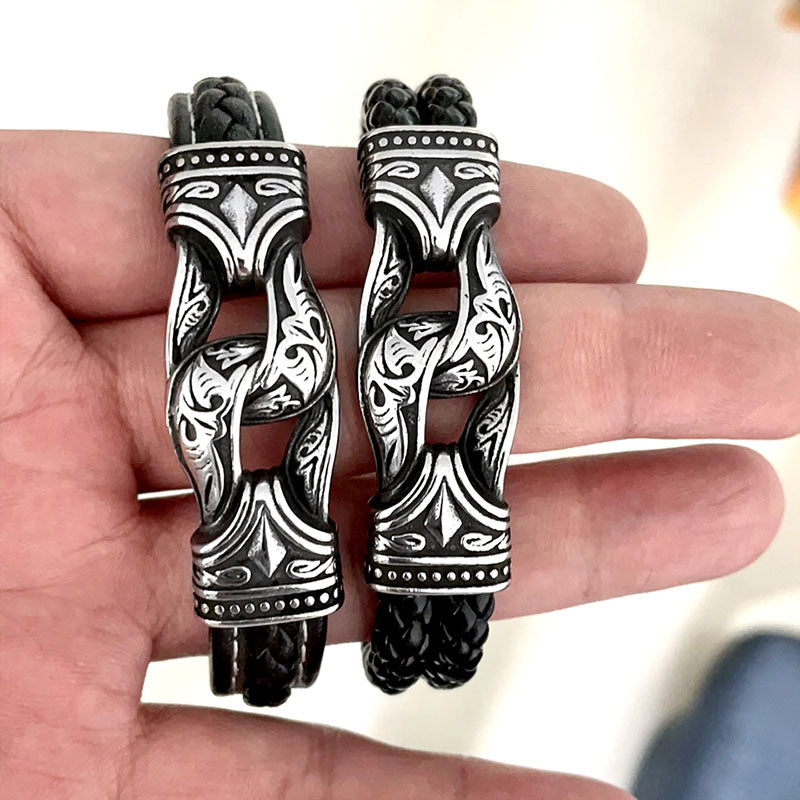Vintage Titanium Steel Fashion Carved Viking Double Leather Rope Bracelet