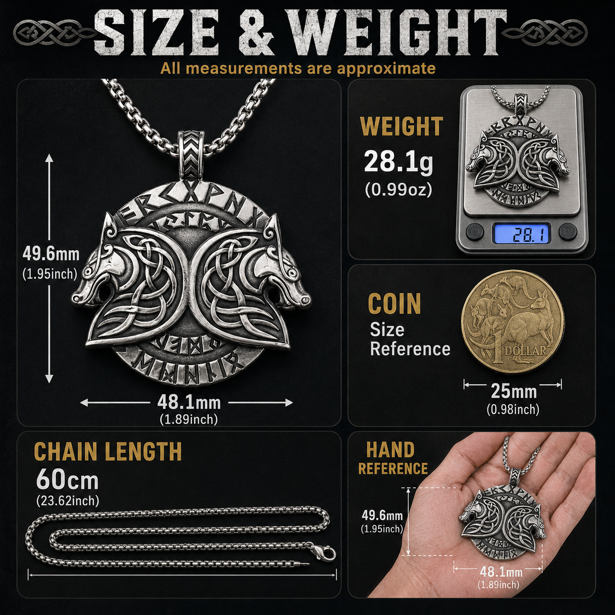 Viking Double Wolf Head Pendant Necklace Celtic Knot Rune Stainless Steel Amulet with Chain PN0189