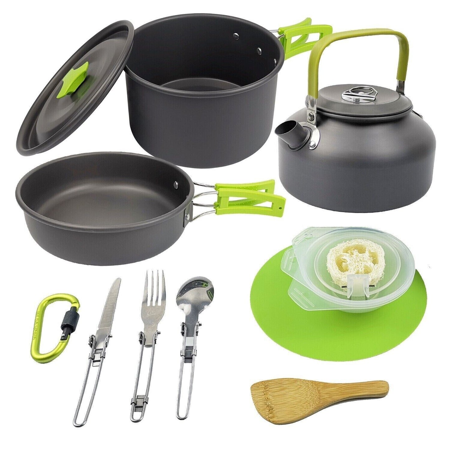 Outdoor Portable Camping Picnic Pots Pans Teapot Set With Cut Board Cutlery